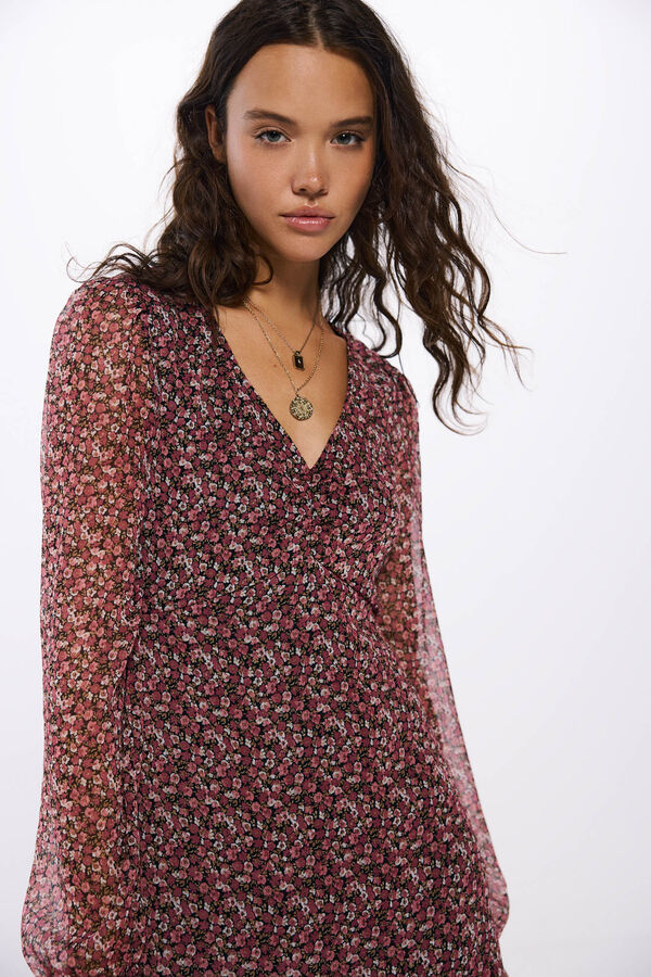 Springfield Vestido corto escote frunces estampado rosa