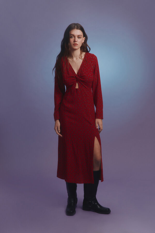 Springfield Vestido midi estampado com decote n&oacute; vermelho