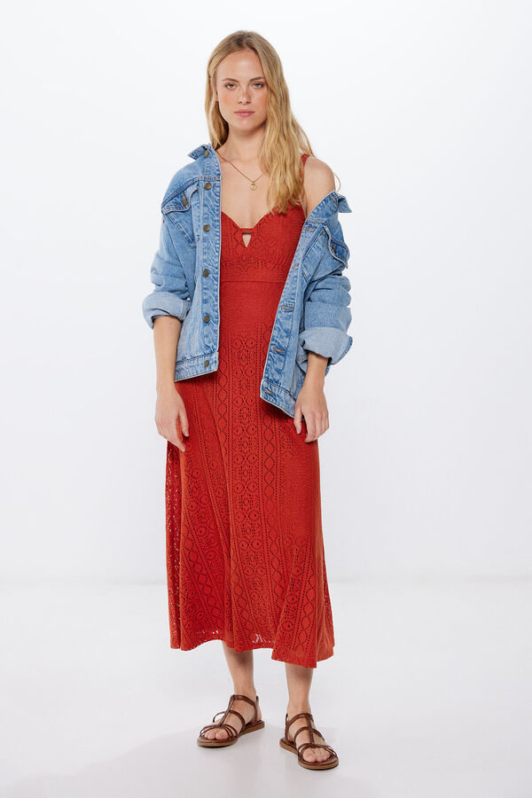 Springfield Vestido Midi Crochet Tirantes marr&oacute;n