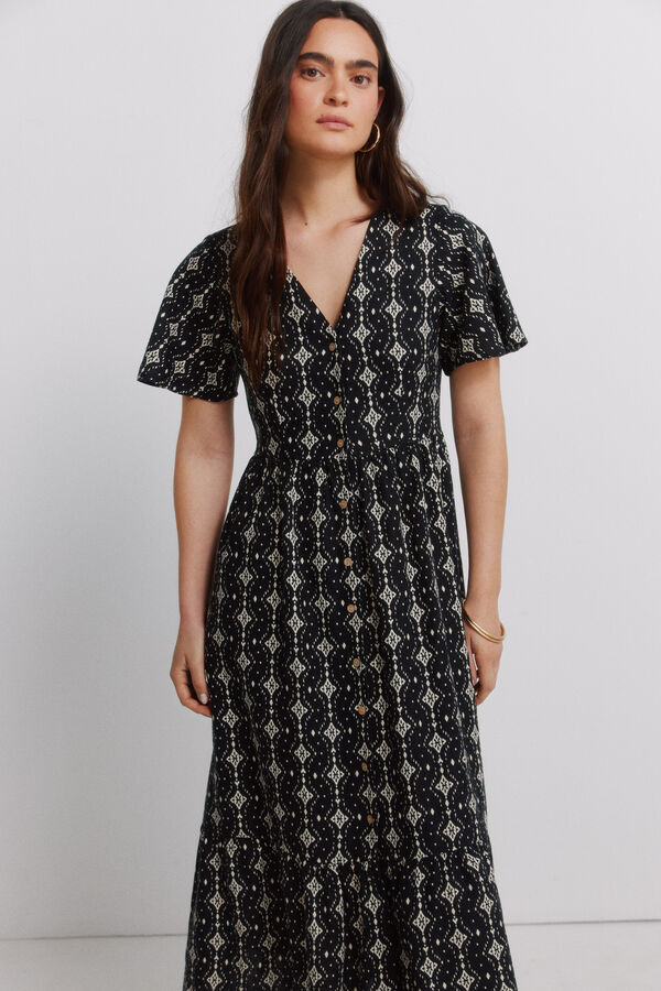 Springfield Vestido midi camisero estampado lino negro