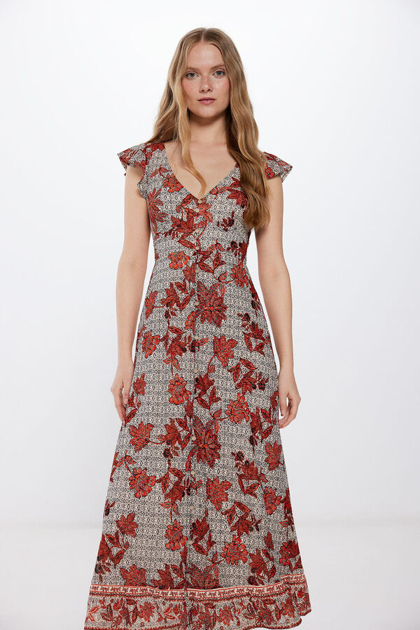Springfield Vestido midi botones estampado beige