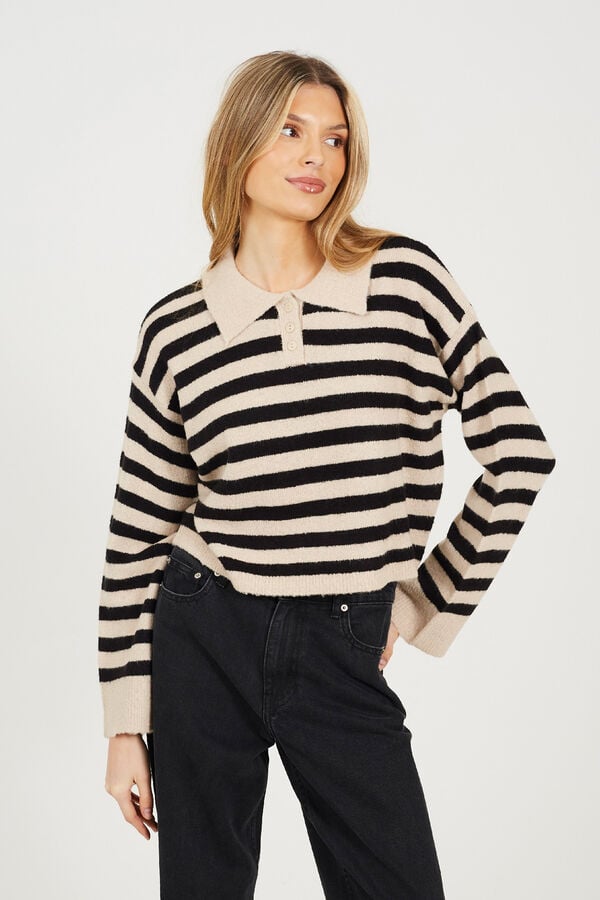 Brave Soul Jersey a rayas con cuello polo beige