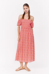 La Vecina Rubia Vestido midi "VIOLETA" estampado detalle nido de abeja - La Vecina Rubia coral