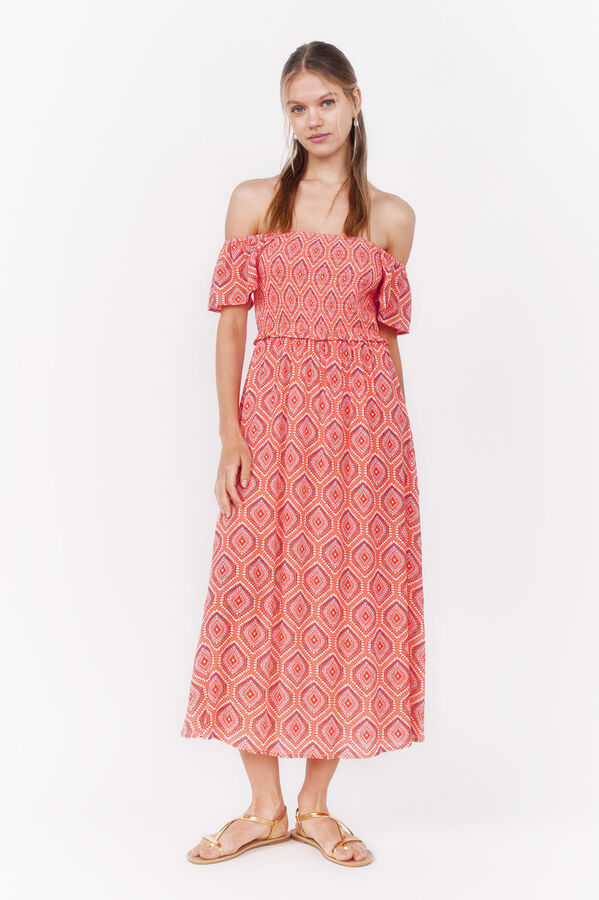 La Vecina Rubia Vestido midi "VIOLETA" estampado detalle nido de abeja - La Vecina Rubia coral