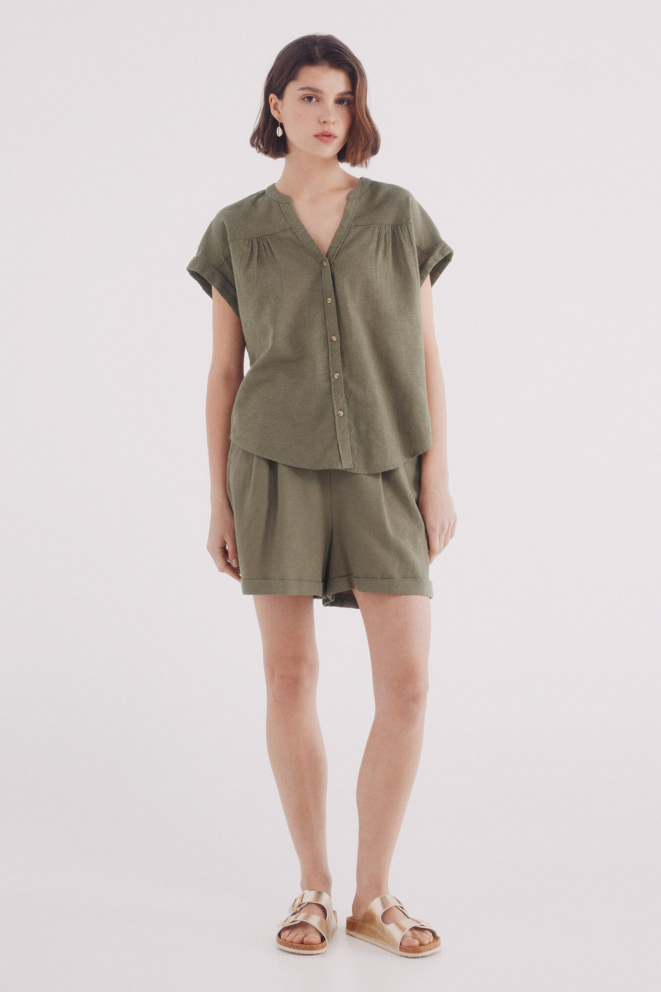 Springfield Shorts de linho de algod&atilde;o com cintura de borracha