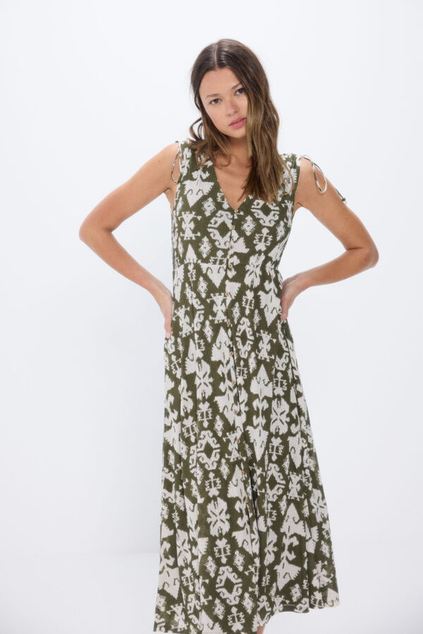 Springfield Vestido midi botones lazo hombros kaki