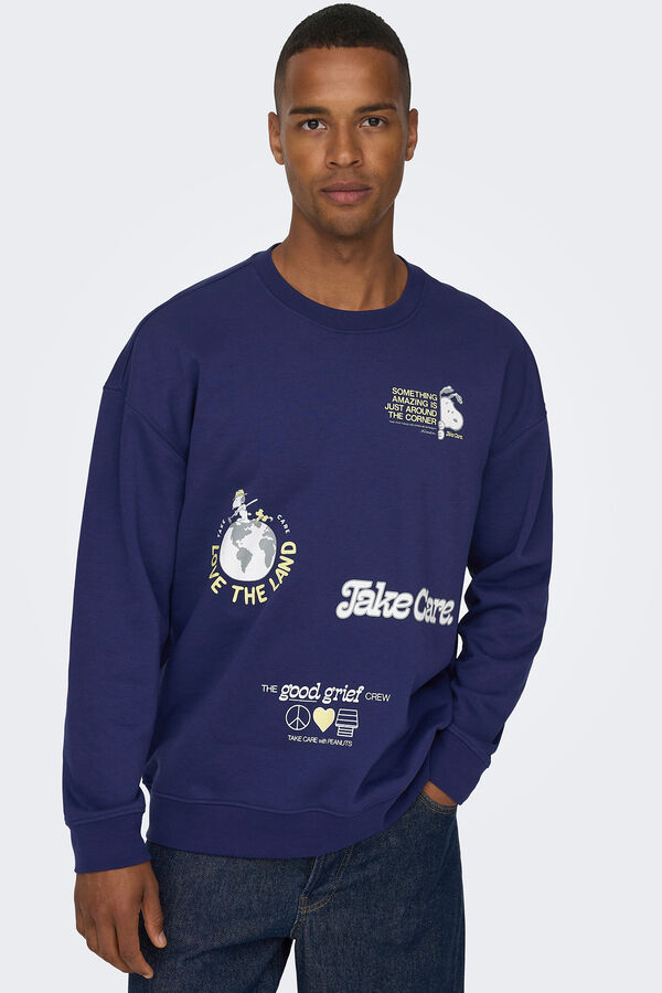Only & Sons Sudadera estampada cuello redondo Snoopy azul