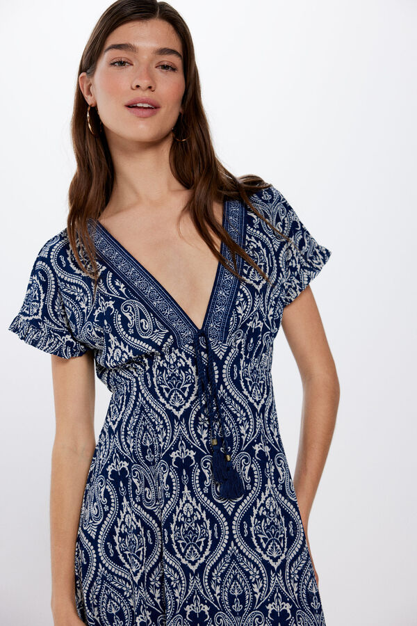 Springfield Vestido Midi Escote Cenefa Estampado azul