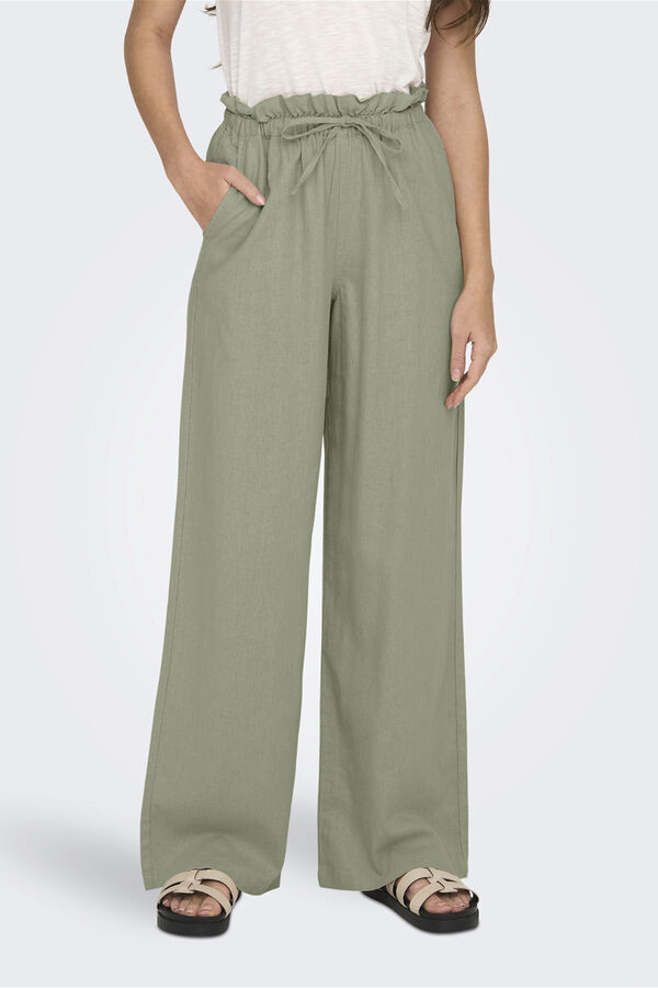 Only Pantal&oacute;n fluido de lino verde