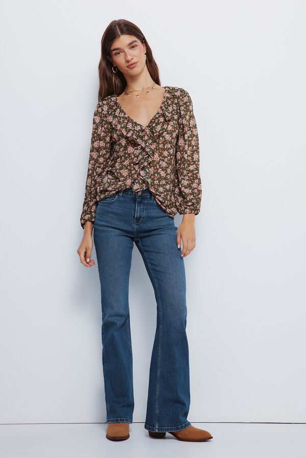 Springfield Blusa volante delantero flores kaki