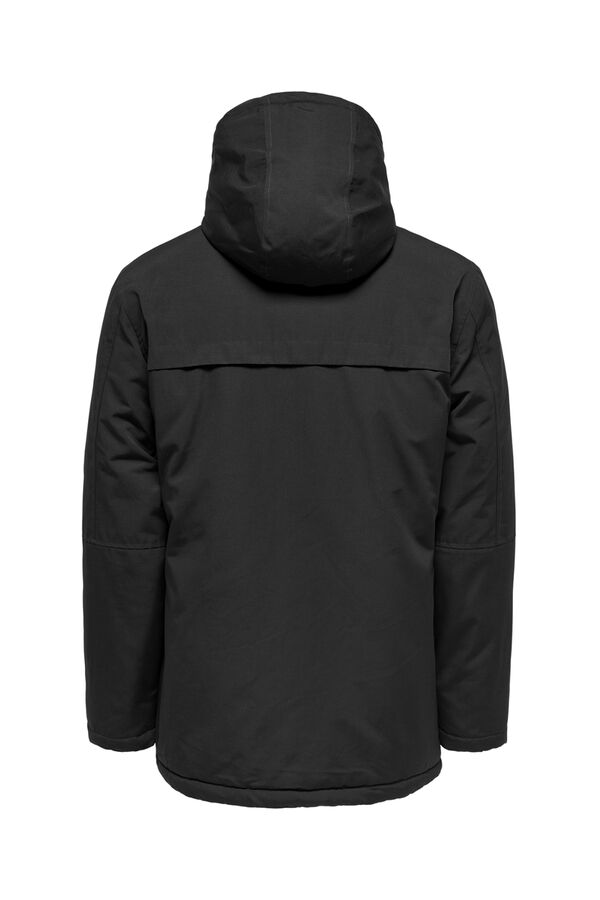 Only & Sons Parka de hombre con capucha ajustable con cord&oacute;n y bolsillos frontales. negro