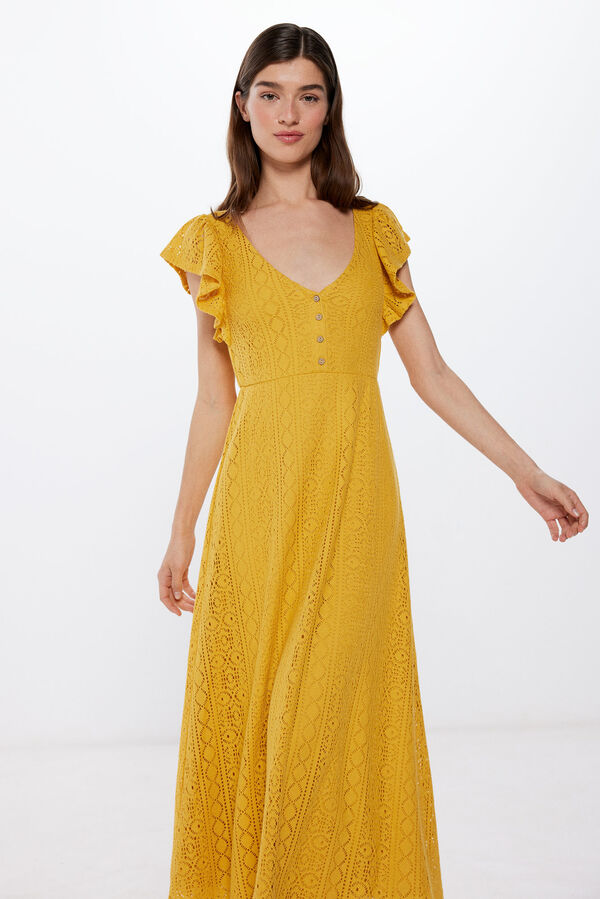 Springfield Vestido Midi Crochet Hombros Volante amarillo