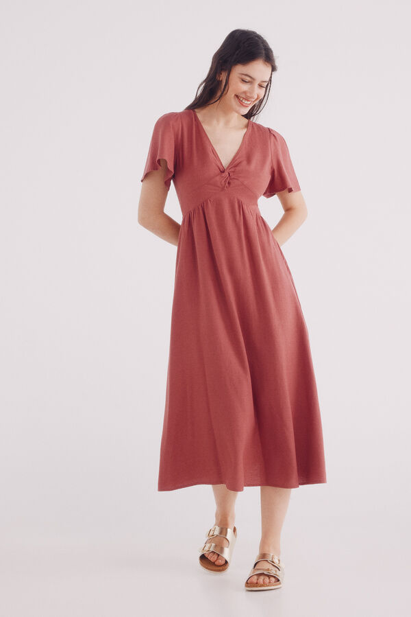 Springfield Vestido midi de decote com decote em linho rosa