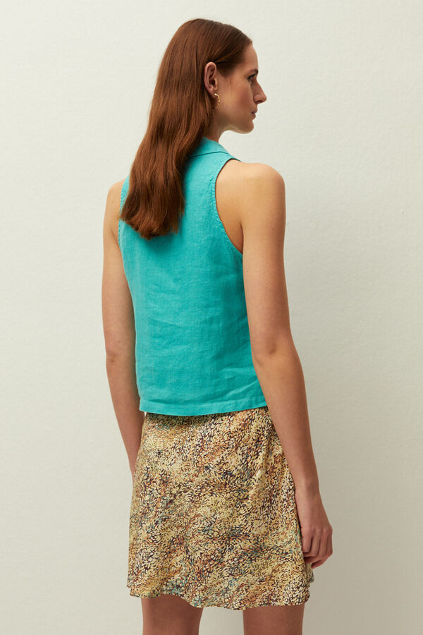 Systemaction Chaleco lino cuello camisero turquesa