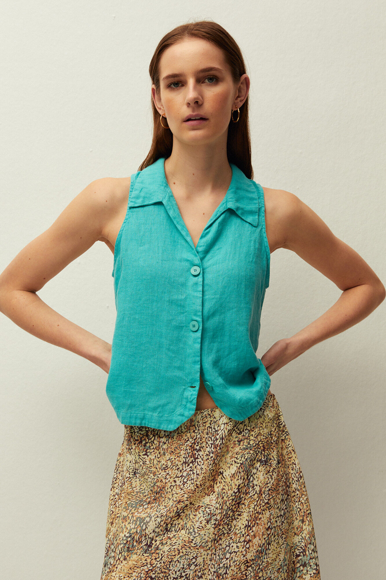 Systemaction Chaleco lino cuello camisero