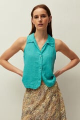 Systemaction Chaleco lino cuello camisero turquesa