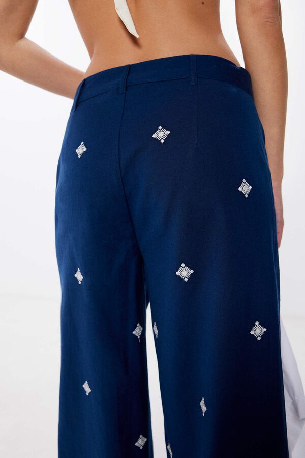 Springfield Pantalones bordados algod&oacute;n lino azul