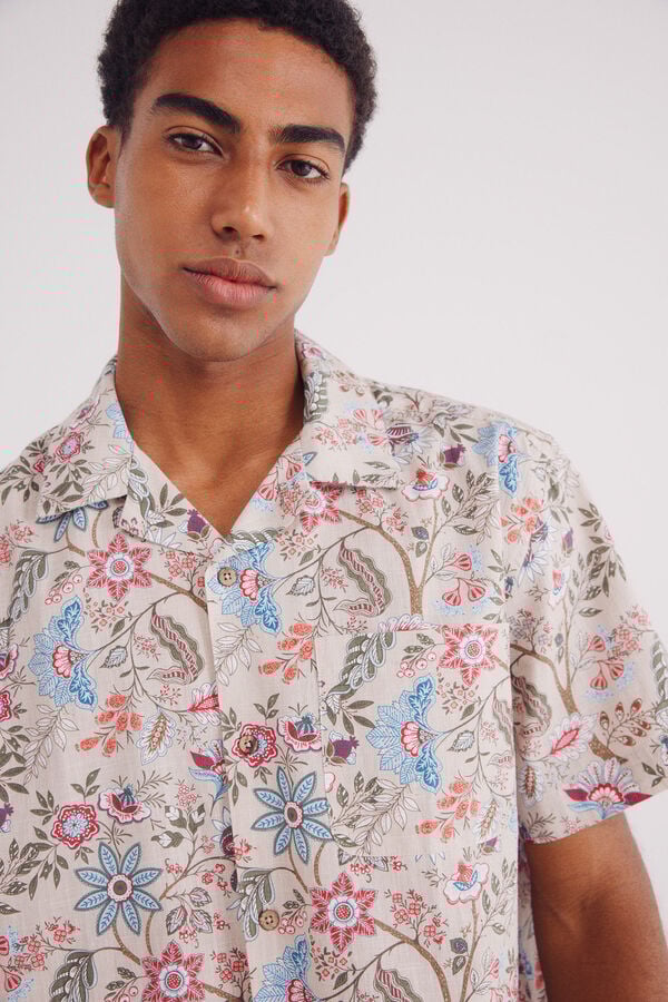 Springfield Camisa de boliche com estampado de flores de manga curta bege