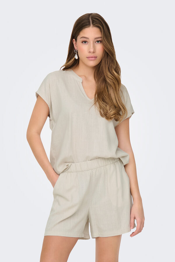 JDY Blusa de linho manga curta bege
