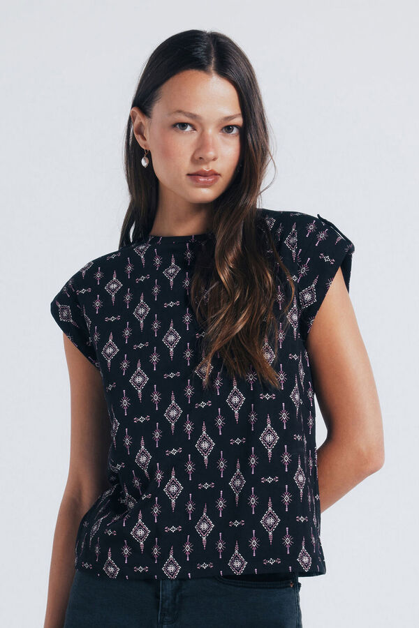 Springfield Camiseta estampada com mangas de la&ccedil;o preto