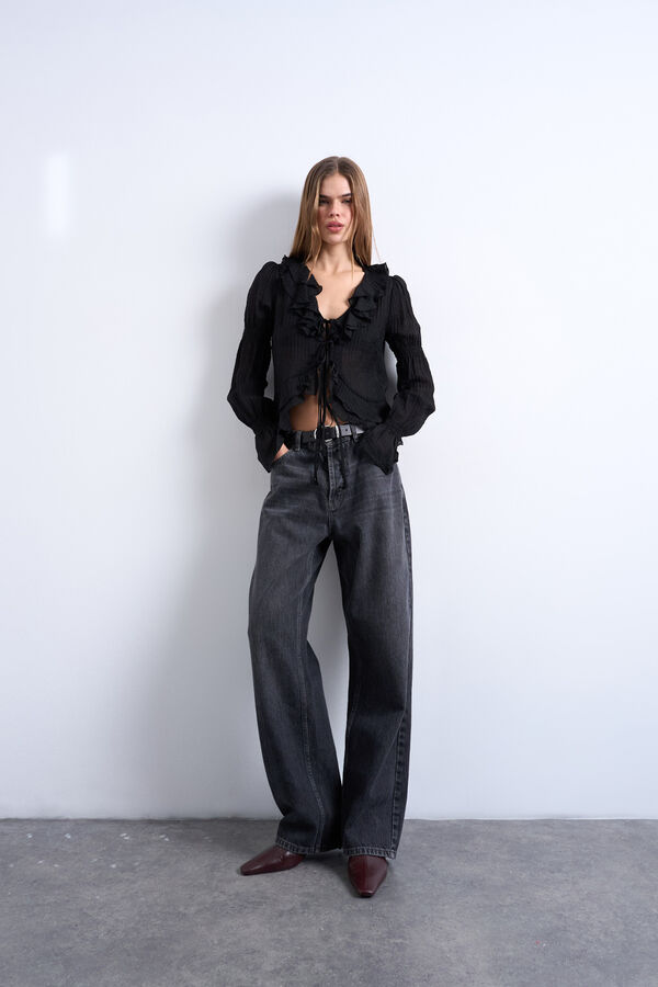 Topshop Top manga comprida plissado preto