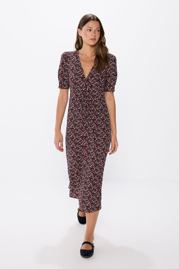 Springfield Vestido midi estampado frunce negro