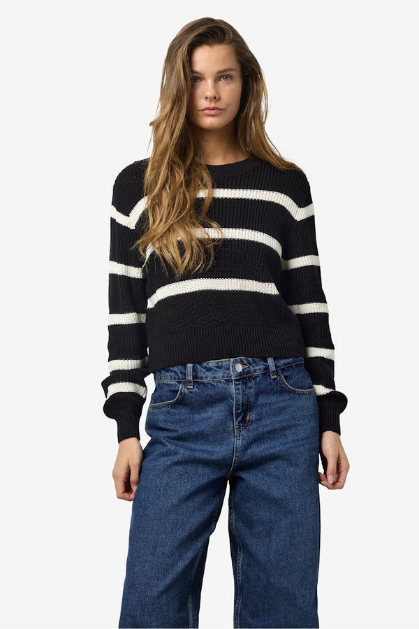 Noisy May camisola b&aacute;sico riscas com gola redonda preto