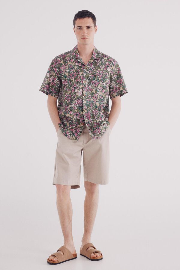 Springfield Camisa de linho estampada de manga curta bege