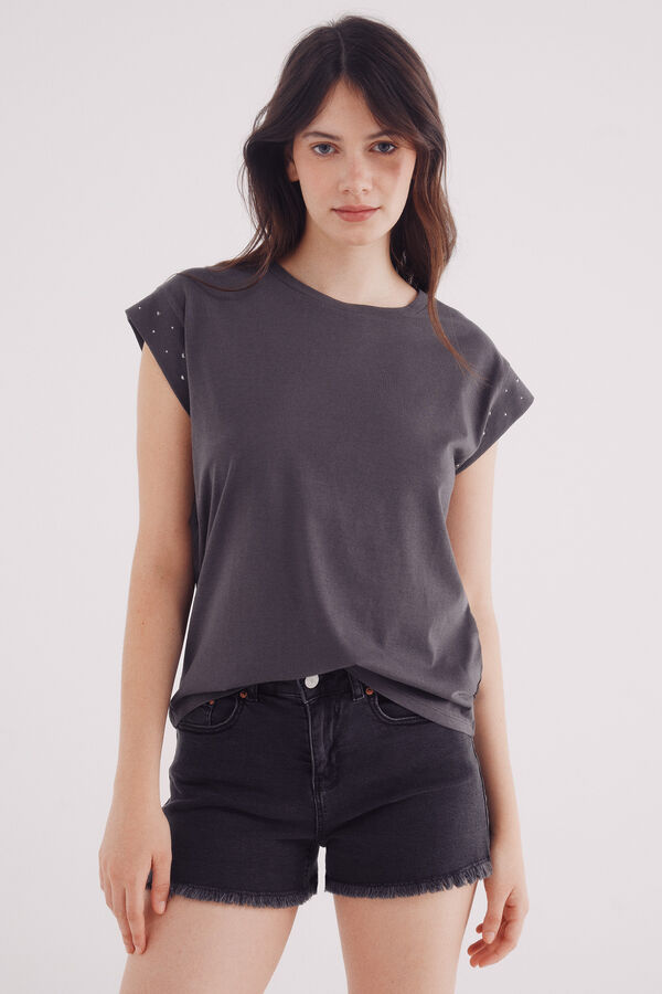 Springfield Camiseta mangas tachas cristal gris