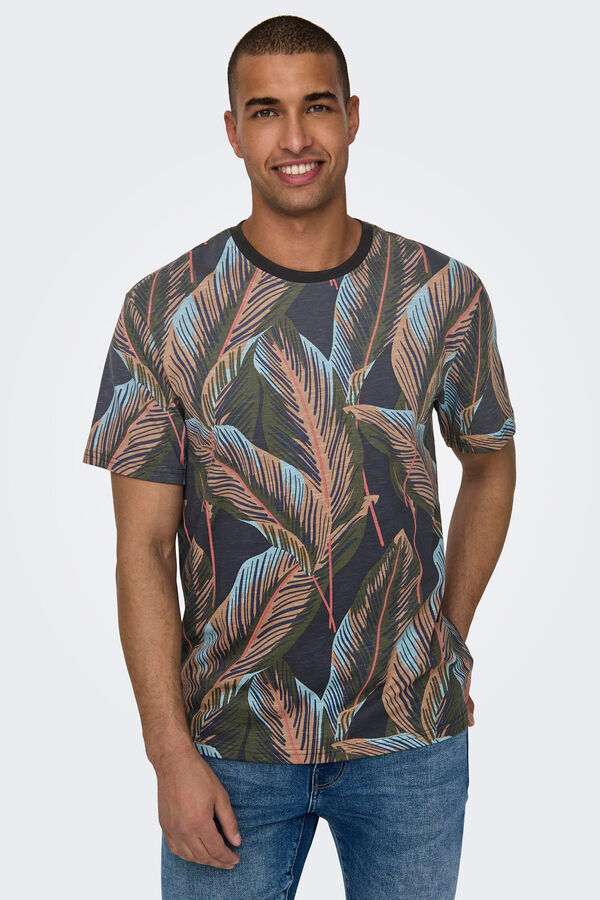 Only & Sons Camiseta estampada hojas negro