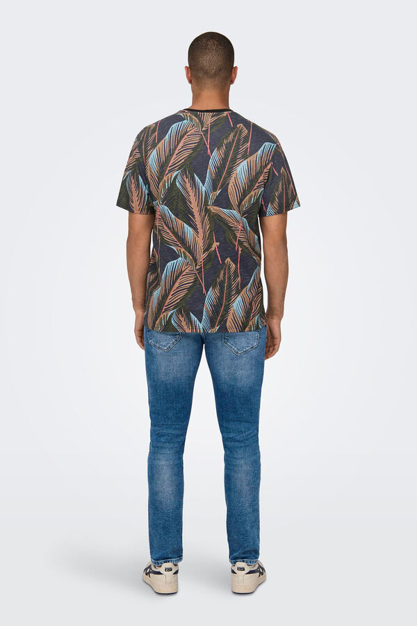 Only & Sons Camiseta estampada hojas negro
