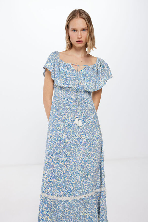 Springfield Vestido Midi Hombros Volante beige