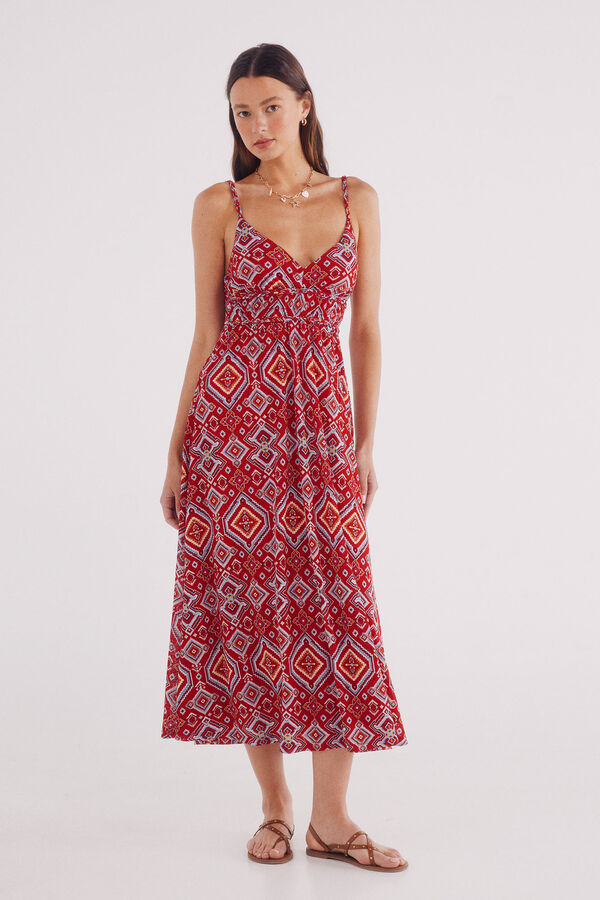 Springfield Vestido midi estampado com detalhes tran&ccedil;ados vermelho