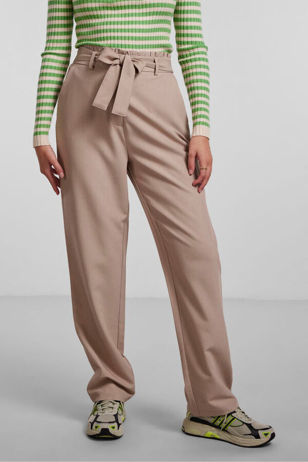 Pieces Calças direitas de cintura alta bege