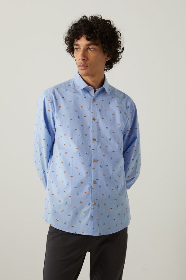 Springfield Camisa de manga larga algodón estampado turquesa