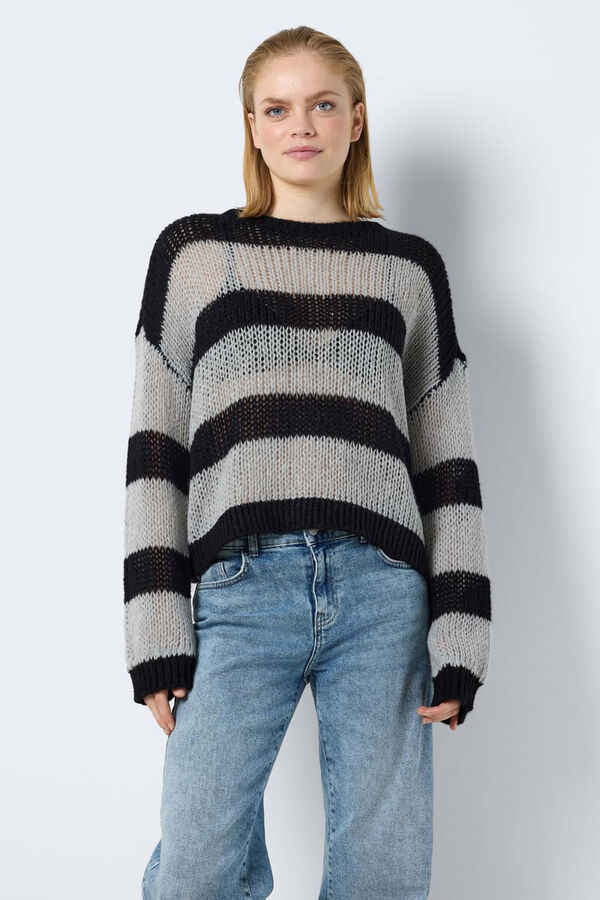 Noisy May Camisola às riscas com manga comprida e decote redondo  preto