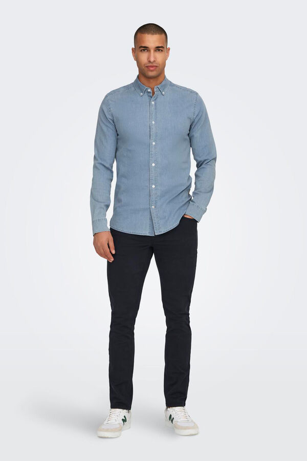 Only & Sons Camisa de chambray con cuello clásico azul