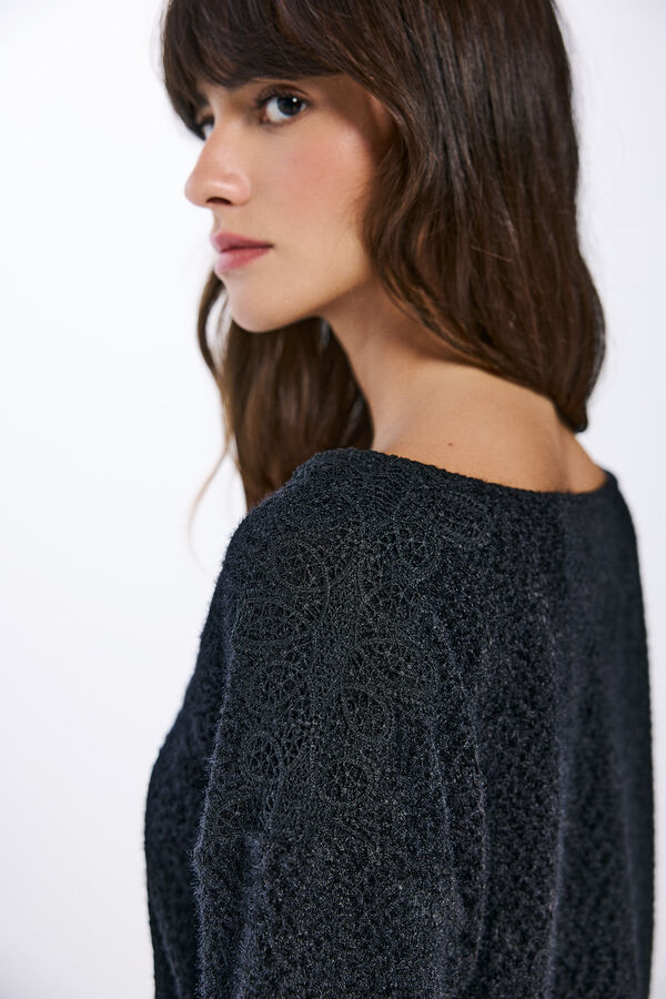 Springfield Camiseta de ombro em chenille de crochet preto