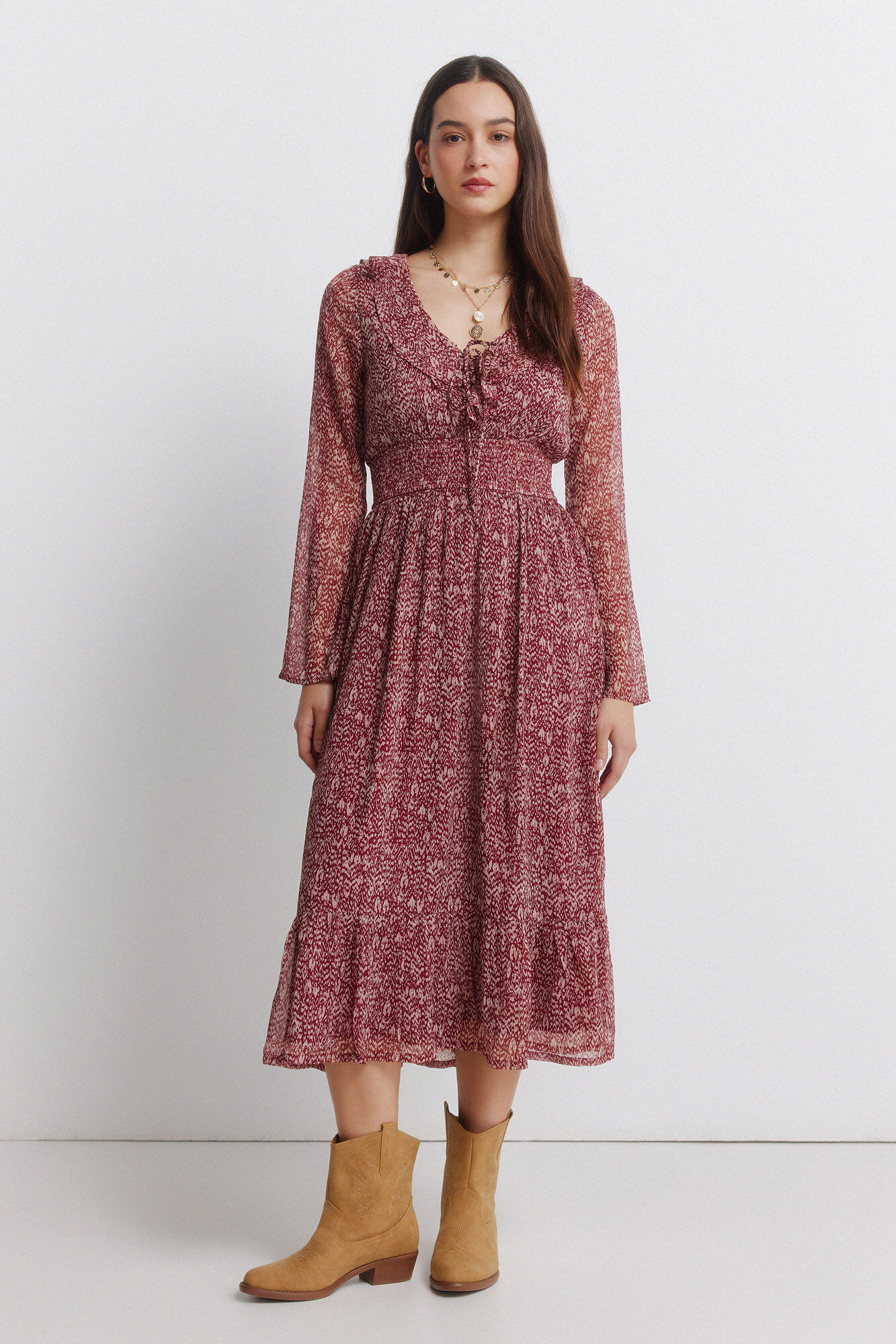 Springfield Vestido midi escote volante estampado