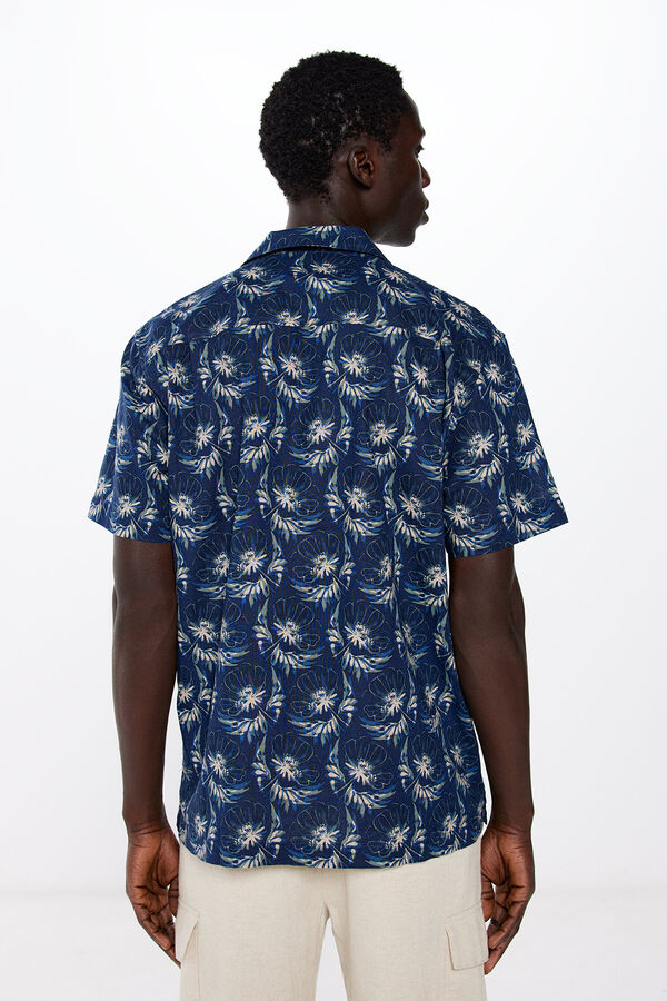 Springfield Camisa manga curto linho estampada azul