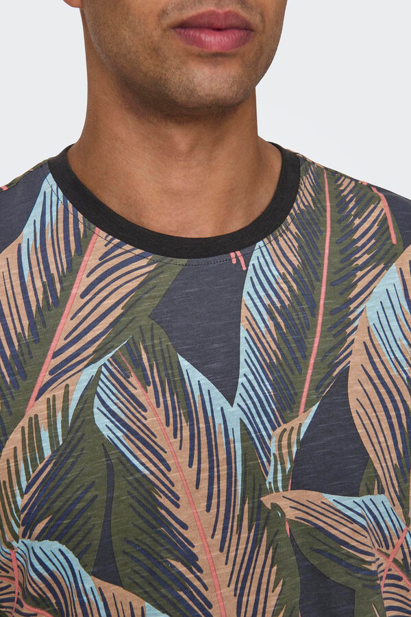 Only & Sons Camiseta estampada hojas negro