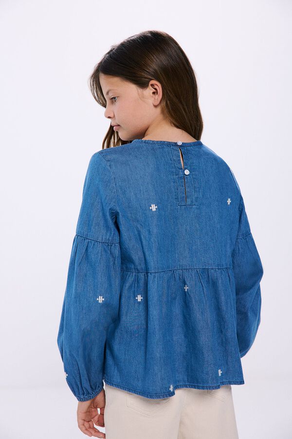 Springfield Kids Blusa denim bordada de menina azul