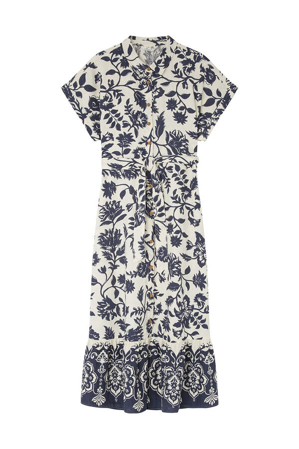 Springfield Vestido Midi Camisero Estampado Lino Viscosa azul