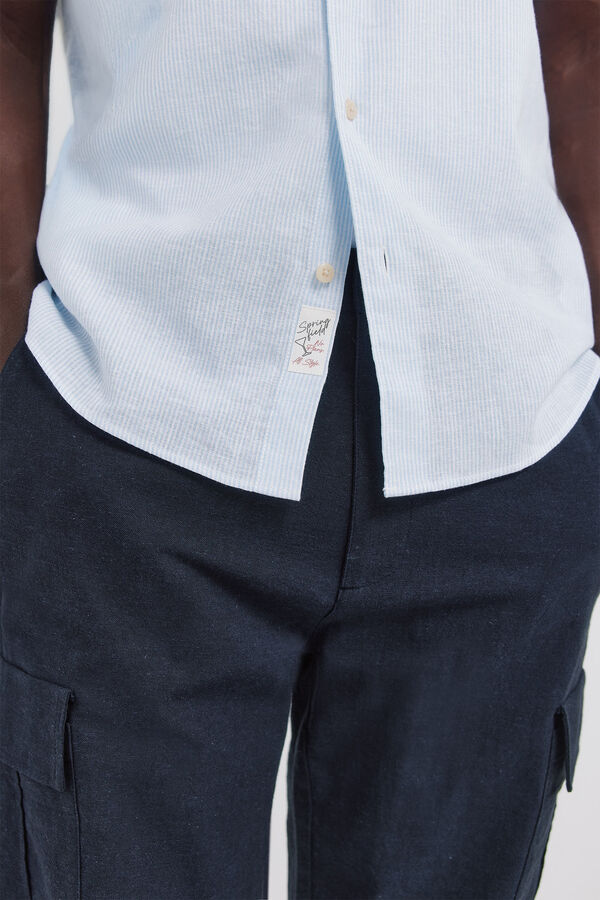 Springfield Camisa de manga curta em linho micro riscas azul