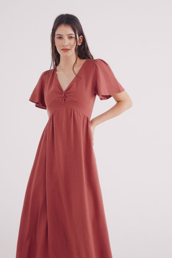 Springfield Vestido midi de decote com decote em linho rosa