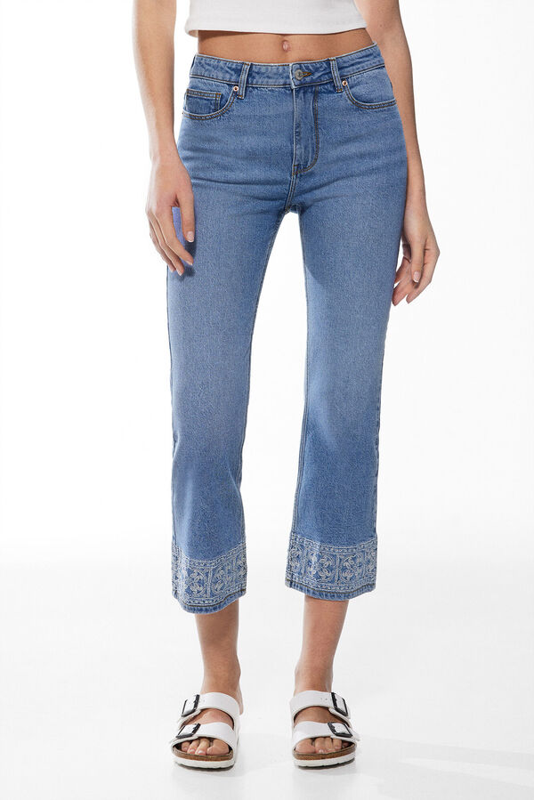 Springfield Jeans Straight Cropped Bordados azul