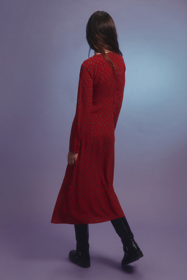 Springfield Vestido midi estampado com decote n&oacute; vermelho