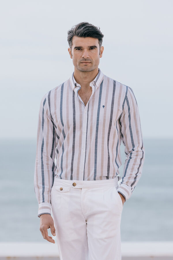 Celopman Camisa Rayas Con Lino azul