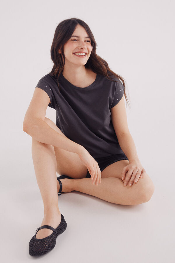 Springfield Camiseta mangas tachas cristal gris