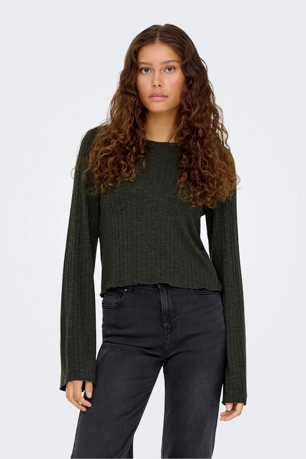 Only Top acanalado manga campana verde